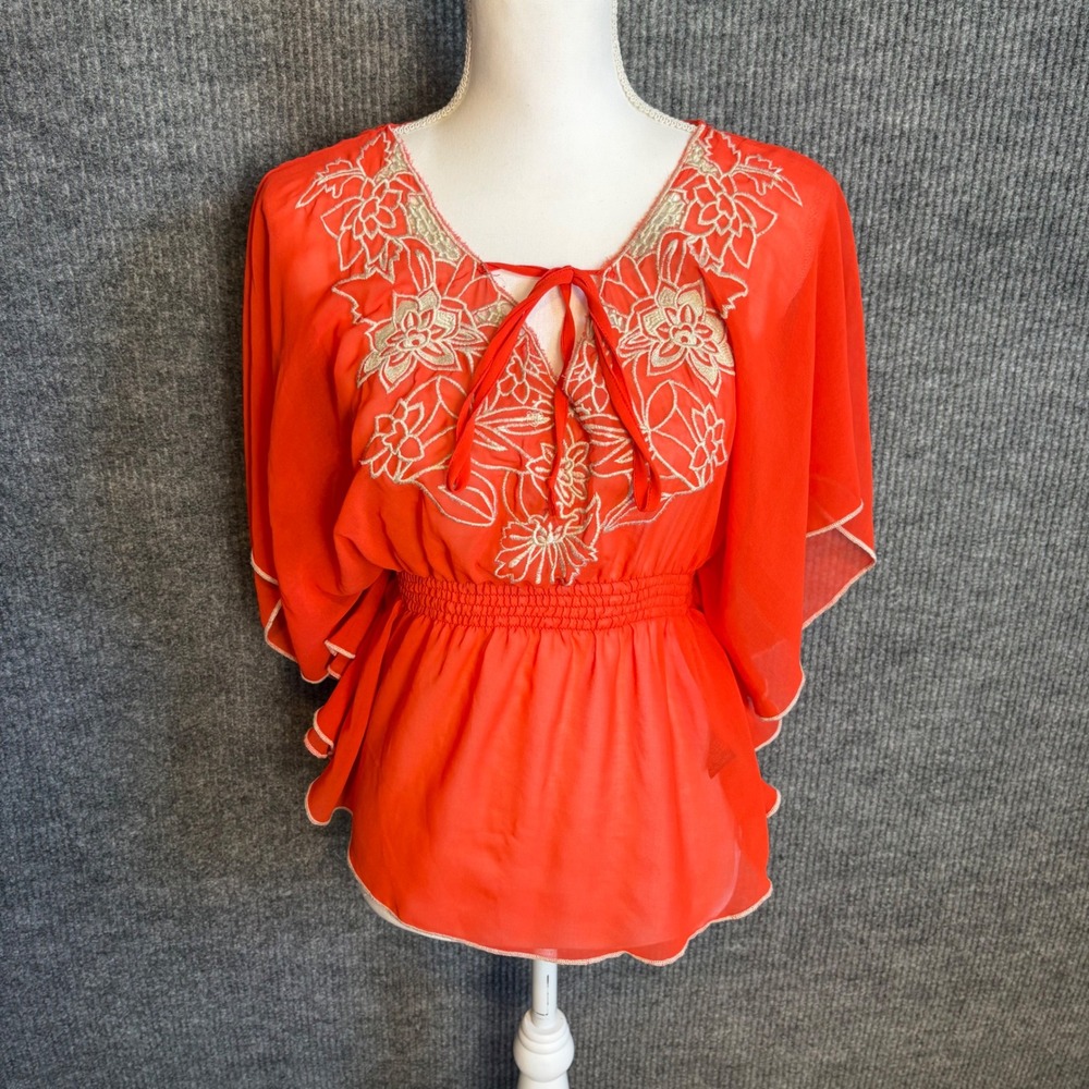 Rhapsody Coral Orange Embroidered Boho Blouse Butterfly Sleeve Smocked Waist S
